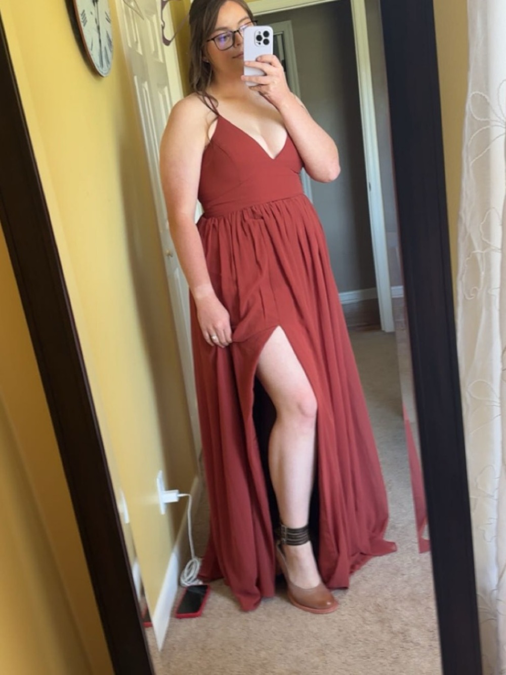 Azazie Terracotta V-Neck Spaghetti Strap Bridesmaid Dress